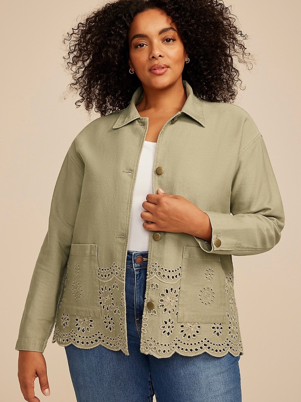 Women’s Scallop-Hem Eyelet Jacket - Light Olive by Maurice’s size 1x